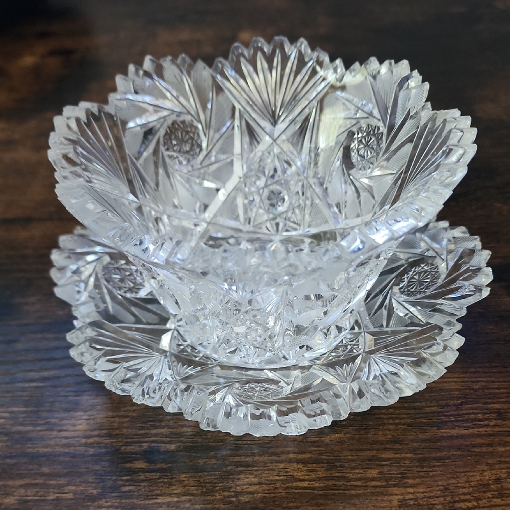 American Brilliant Period Cut Crystal Mayonnaise Bowl With Matching Plate
